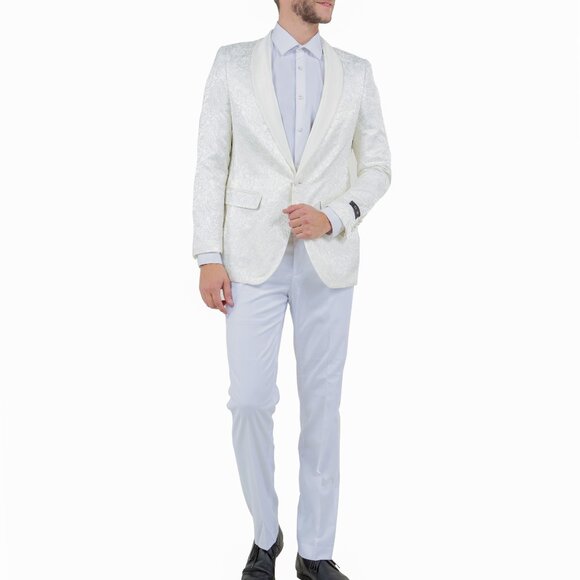Cream Paisley Satin Shawl Collar Men's Jacket